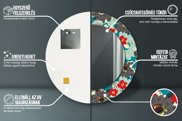 Kerek tükör keret nyomtatással Retro virágmintás