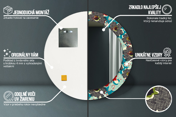 Kerek tükör keret nyomtatással Retro virágmintás