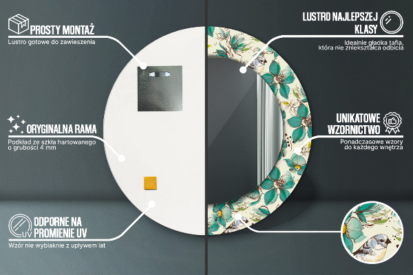 Kerek tükör nyomtatott kerettel Virágok és madarak