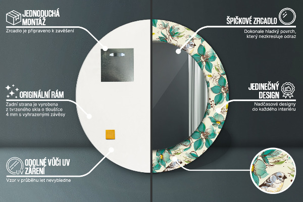 Kerek tükör nyomtatott kerettel Virágok és madarak