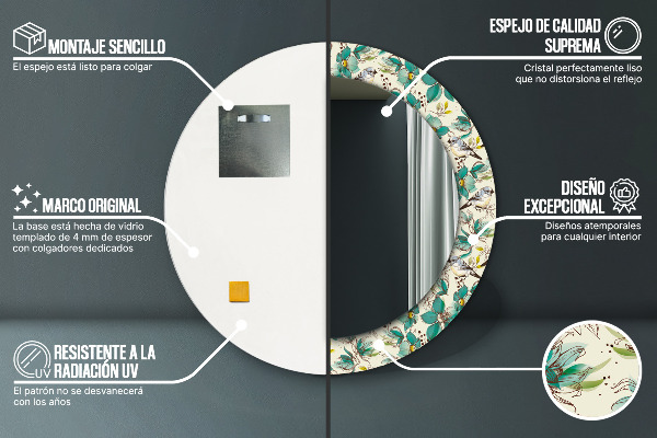 Kerek tükör nyomtatott kerettel Virágok és madarak