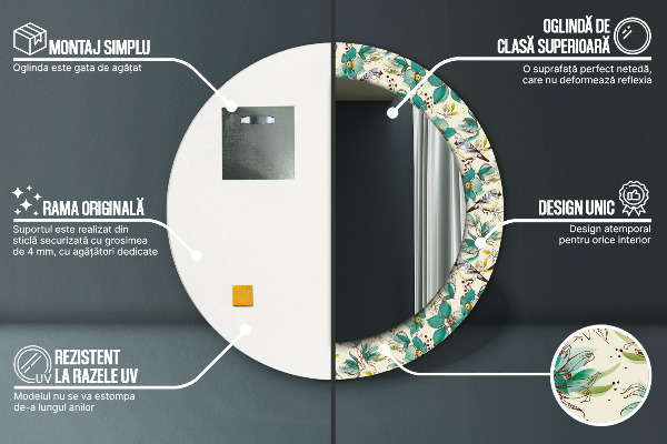 Kerek tükör nyomtatott kerettel Virágok és madarak