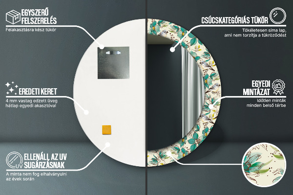Kerek tükör nyomtatott kerettel Virágok és madarak