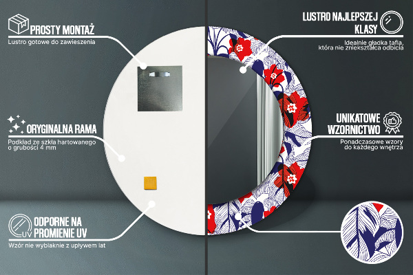 Kerek tükör nyomtatott kerettel Philodendron és piros virágok