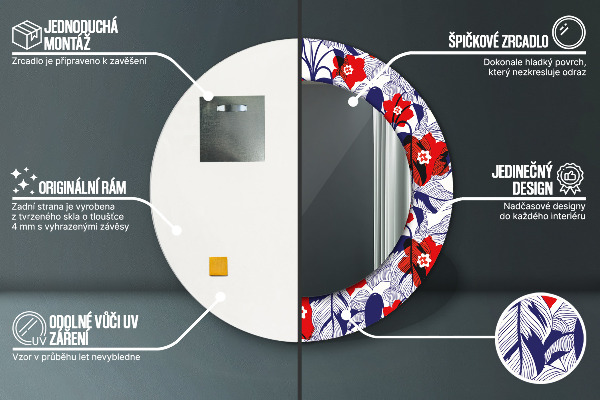 Kerek tükör nyomtatott kerettel Philodendron és piros virágok