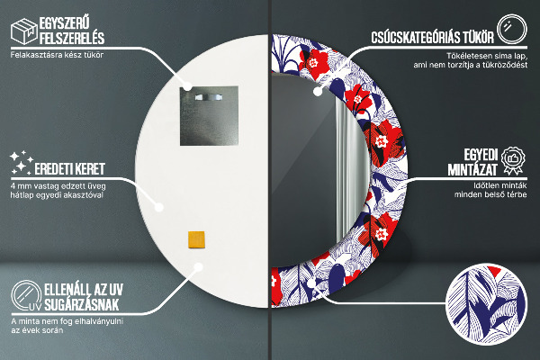 Kerek tükör nyomtatott kerettel Philodendron és piros virágok