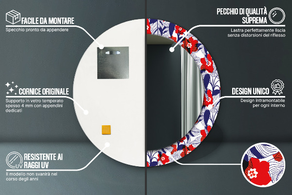 Kerek tükör nyomtatott kerettel Philodendron és piros virágok