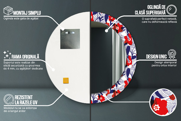 Kerek tükör nyomtatott kerettel Philodendron és piros virágok