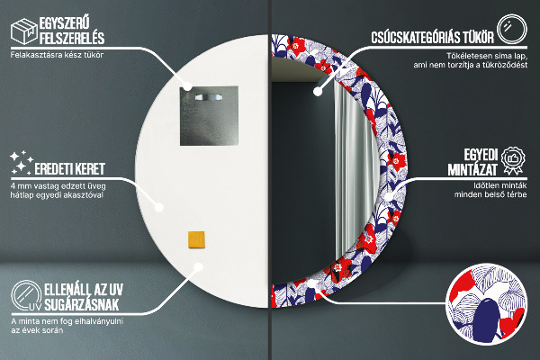 Kerek tükör nyomtatott kerettel Philodendron és piros virágok