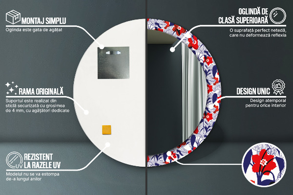 Kerek tükör nyomtatott kerettel Philodendron és piros virágok