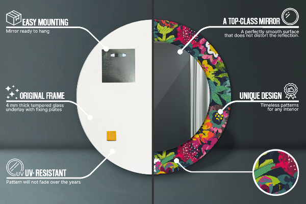 Kerek tükör keret nyomtatással Kézzel festett virágok