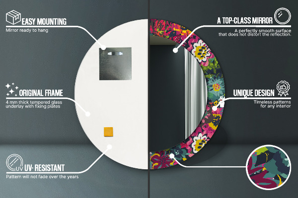 Kerek tükör keret nyomtatással Kézzel festett virágok