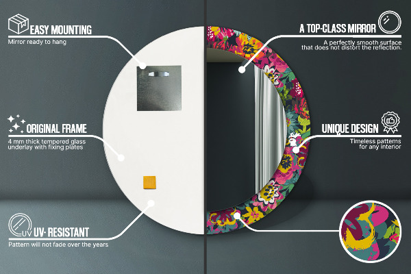 Kerek tükör keret nyomtatással Kézzel festett virágok