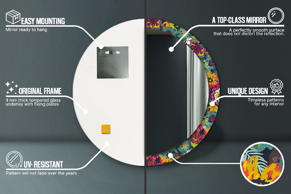 Kerek tükör keret nyomtatással Kézzel festett virágok