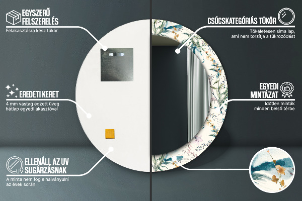 Kerek tükör nyomtatott kerettel Akvarell virágok