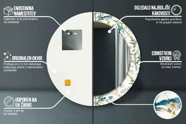 Kerek tükör nyomtatott kerettel Akvarell virágok