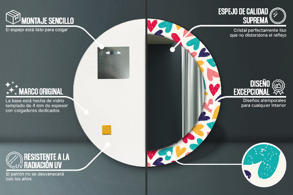 Kerek tükör nyomtatott kerettel Színes szívek