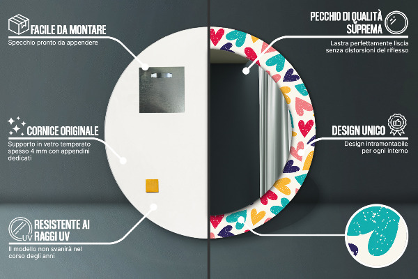 Kerek tükör nyomtatott kerettel Színes szívek