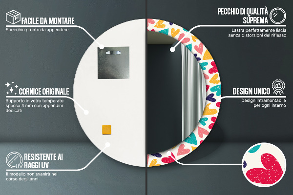 Kerek tükör nyomtatott kerettel Színes szívek