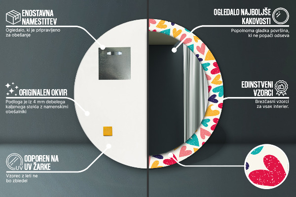 Kerek tükör nyomtatott kerettel Színes szívek