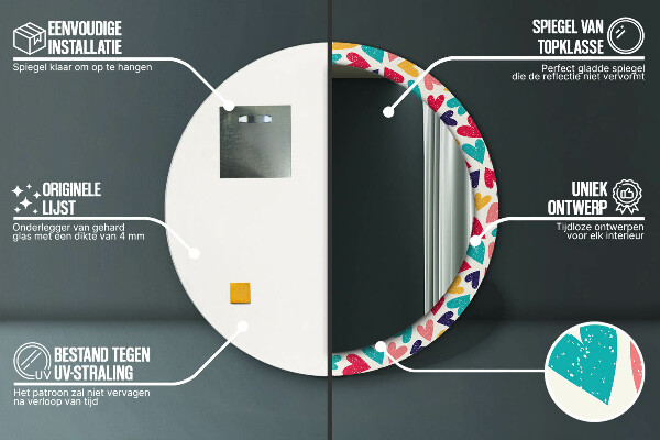 Kerek tükör nyomtatott kerettel Színes szívek