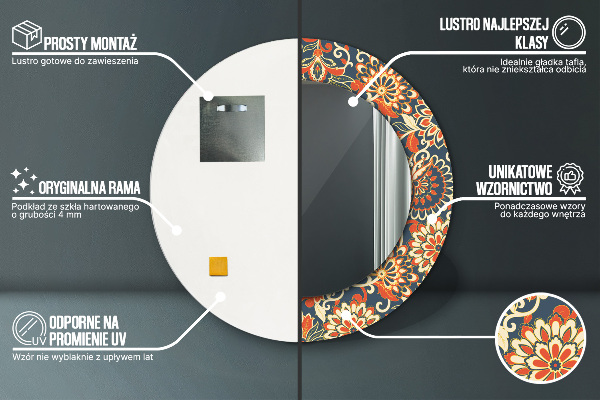 Kerek tükör keret nyomtatással Vintage virágos illusztráció