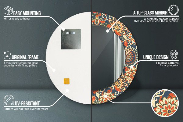 Kerek tükör keret nyomtatással Vintage virágos illusztráció