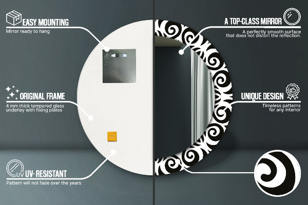 Kerek tükör nyomtatott kerettel Fekete geometrikus dísz