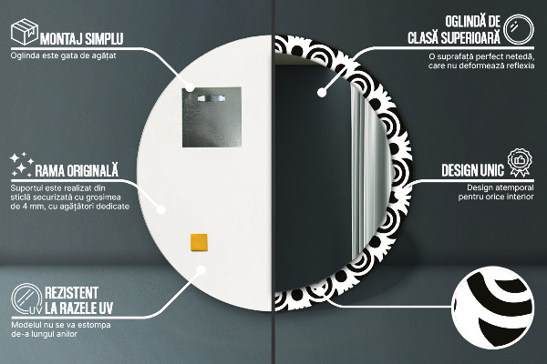 Kerek tükör nyomtatott kerettel Fekete geometrikus dísz