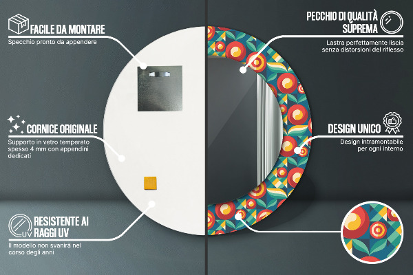 Kerek tükör keret nyomtatással Geometrikus gyümölcsök és levelek