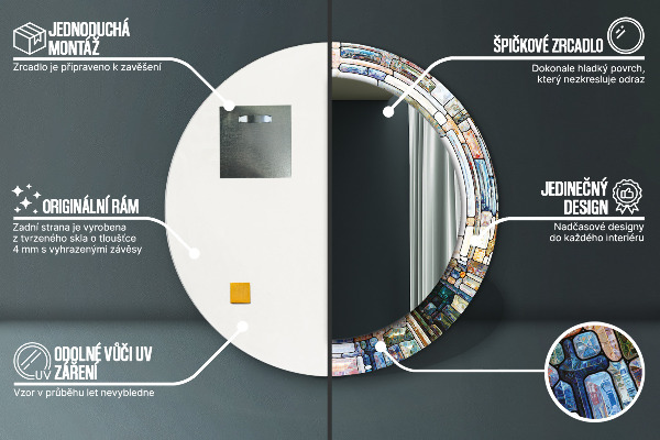 Kerek tükör keret nyomtatással Absztrakt ólomüveg