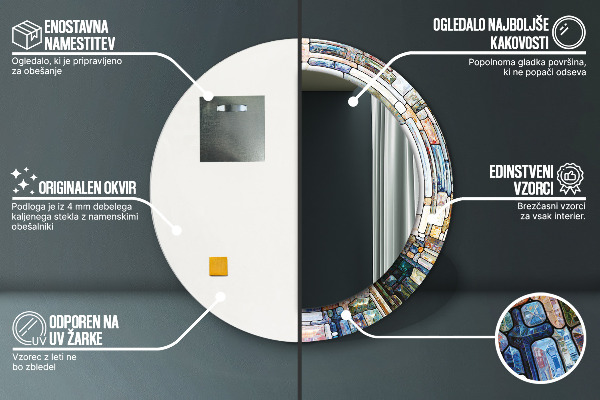 Kerek tükör keret nyomtatással Absztrakt ólomüveg