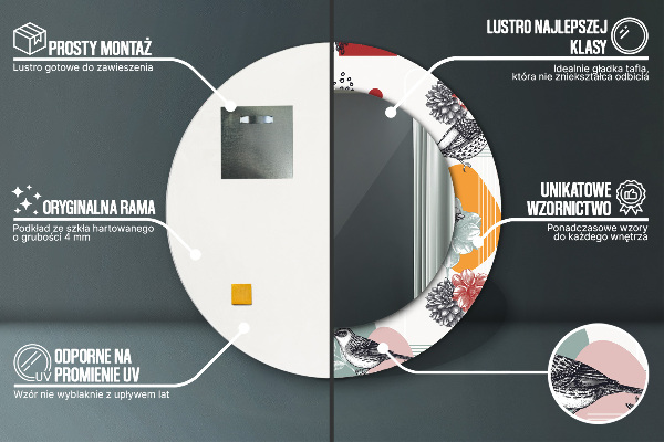 Kerek tükör nyomtatott kerettel Absztrakció madarakkal