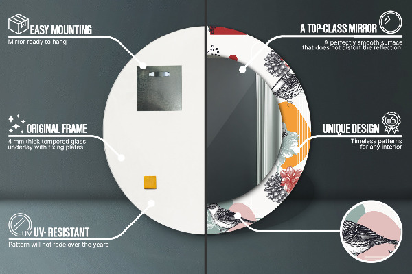 Kerek tükör nyomtatott kerettel Absztrakció madarakkal