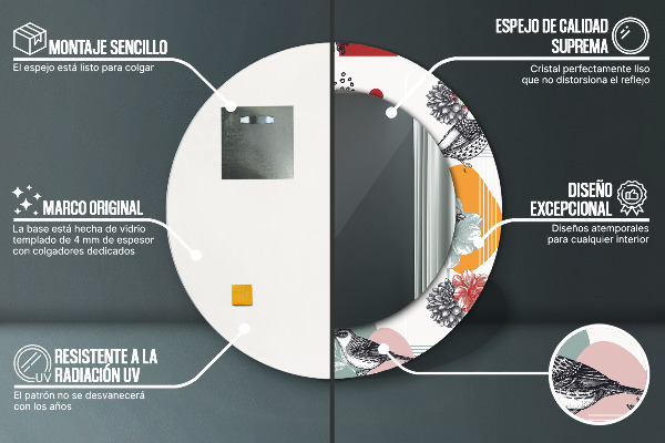 Kerek tükör nyomtatott kerettel Absztrakció madarakkal