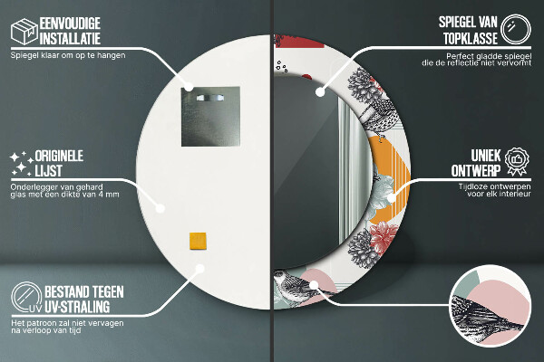 Kerek tükör nyomtatott kerettel Absztrakció madarakkal