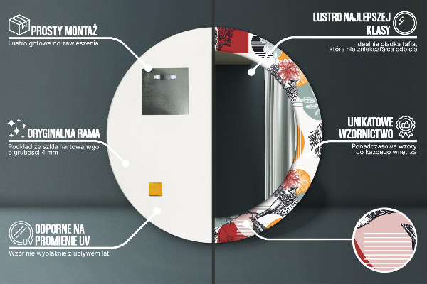 Kerek tükör nyomtatott kerettel Absztrakció madarakkal