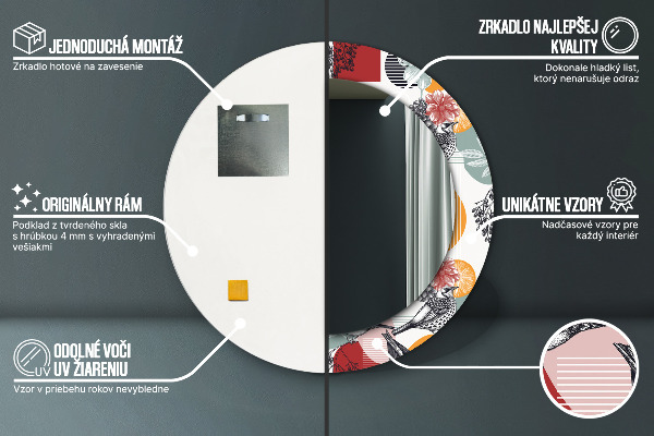 Kerek tükör nyomtatott kerettel Absztrakció madarakkal