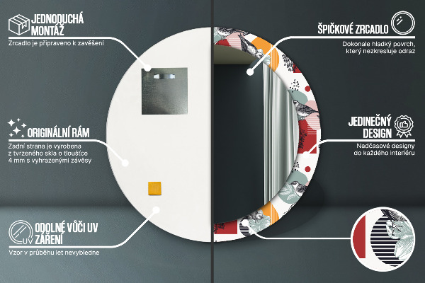 Kerek tükör nyomtatott kerettel Absztrakció madarakkal