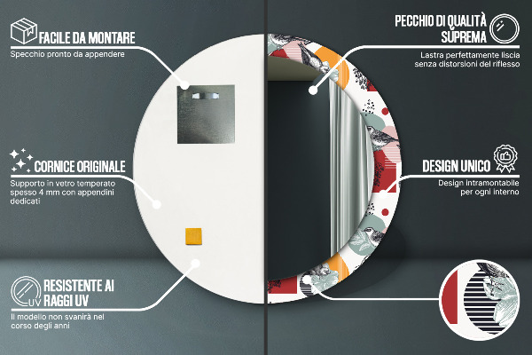Kerek tükör nyomtatott kerettel Absztrakció madarakkal