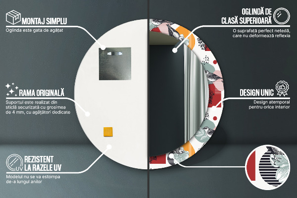 Kerek tükör nyomtatott kerettel Absztrakció madarakkal