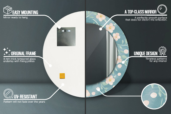 Kerek tükör keret nyomtatással Virágos minta