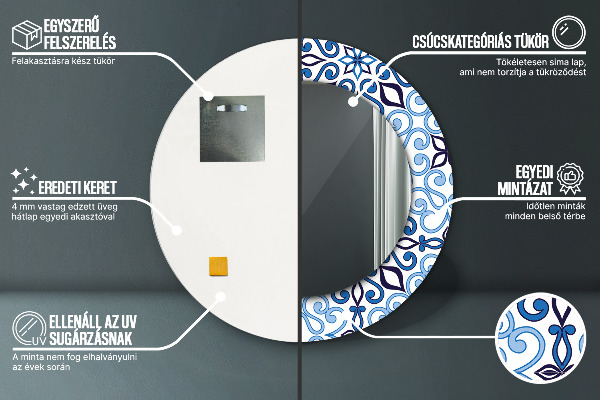 Kerek tükör keret nyomtatással Kék arab mintás