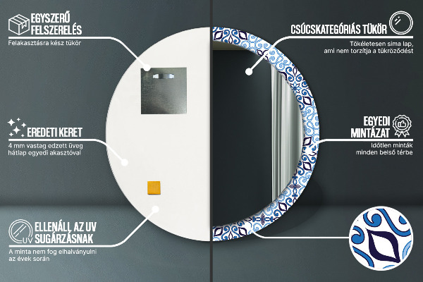 Kerek tükör keret nyomtatással Kék arab mintás