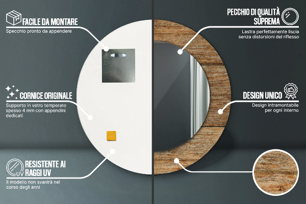 Kerek tükör keret nyomtatással Régi fa