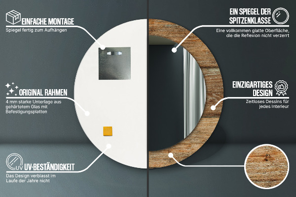 Kerek tükör keret nyomtatással Régi fa