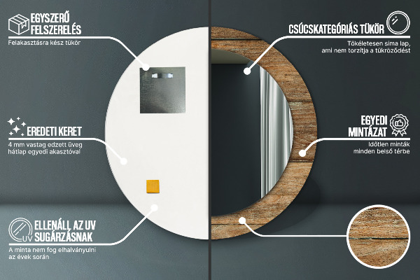 Kerek tükör keret nyomtatással Régi fa