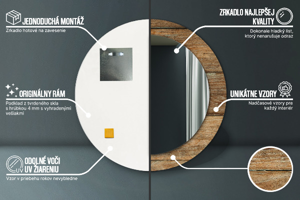 Kerek tükör keret nyomtatással Régi fa