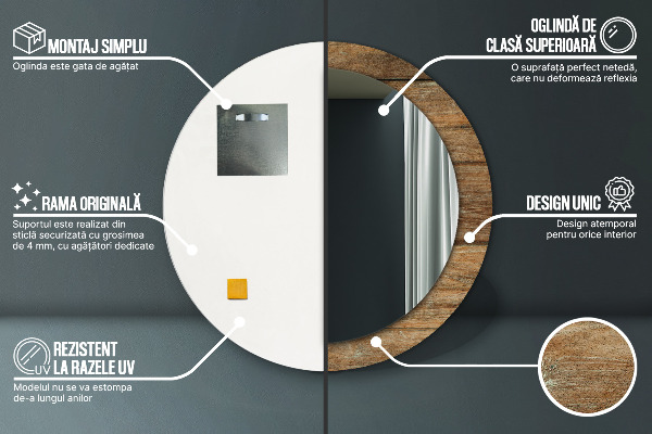 Kerek tükör keret nyomtatással Régi fa