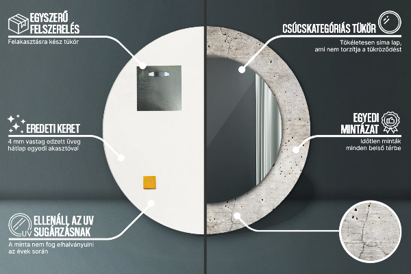 Kerek tükör keret nyomtatással Szürke beton